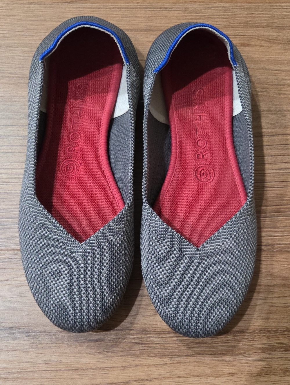 Rothy's Women's Gray Knit Flats with Red Insole and Blue Trim